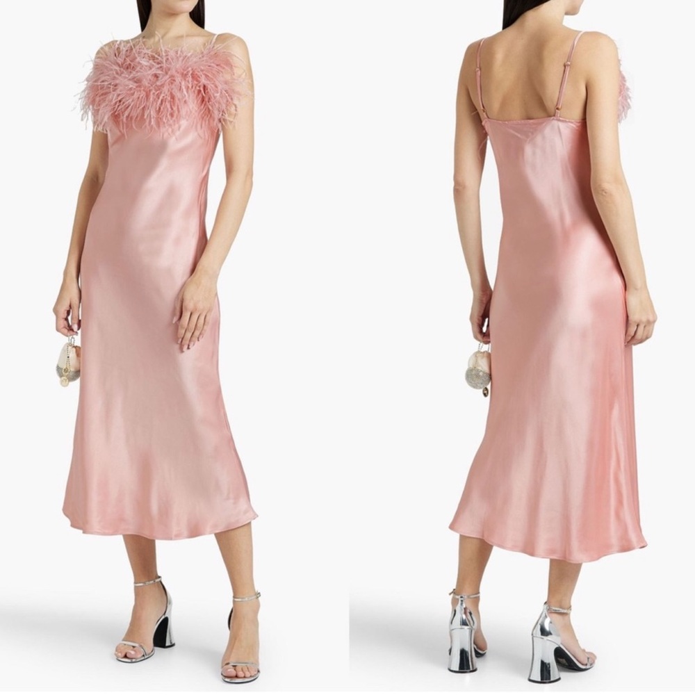 Sleeper Boheme Slip Dress with Feathers in Dust Pink